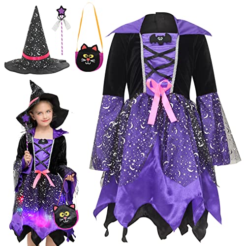 Cloudkids Halloween-Kostüm, Hexe, Mädchen, Kinderkostüm, Cosplay, Karneval, Violett, S (3-4 Jahre) von Cloudkids