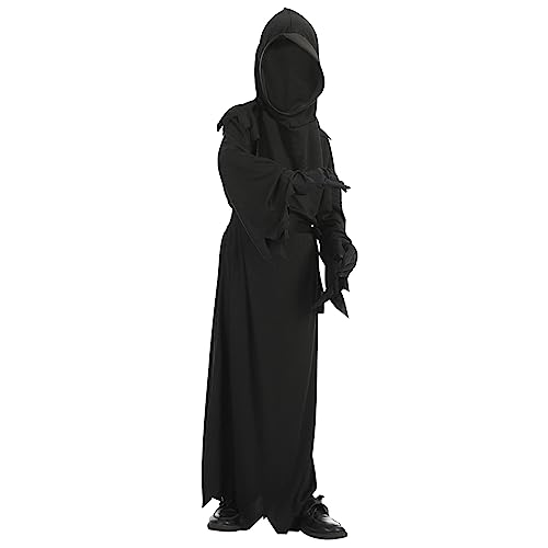 Cloudkids Kinder Tod Kostüm Tunika mit Kapuze Handschuhe Gürtel Cosplay Halloween Thema Karneval Thema (10-12Jahre) von Cloudkids