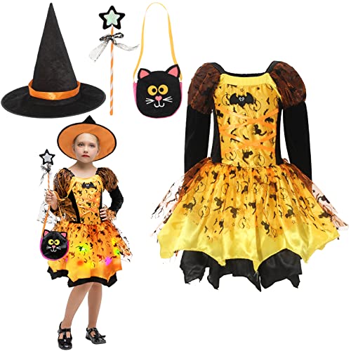 Cloudkids Kostüm Hexe Mädchen Halloween Kinder mit Lichterkette Kleid + Hut + Zauberstab + Bonbon Tasche Cosplay Gr. 2-3 Jahre, Orange Cloudkids Kostüm Hexe Mädchen Halloween Kinder mit Lichterkette Kleid + Hut + Zauberstab + Bonbon Tasche Cosplay Gr. 2-3 Jahre, Orange von Cloudkids