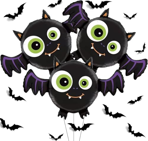 Halloween Luftballons für Kinder,3 Stück Halloween Fledermaus Folienballons, Halloween Deko Set, 12 Stück 3D Fledermaus Wandaufkleber, Fledermaus Riesenballon für Kinder Party Deko von CloverCy