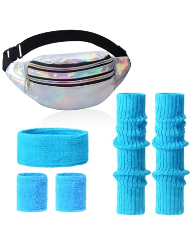 Clundoo 80er Jahre Outfit Damen Set - Bauchtasche Neon, Stirnband, Beinwärmer, Handschuhe für 90er Kostüm Party Fasching Karneval (Blau) von Clundoo