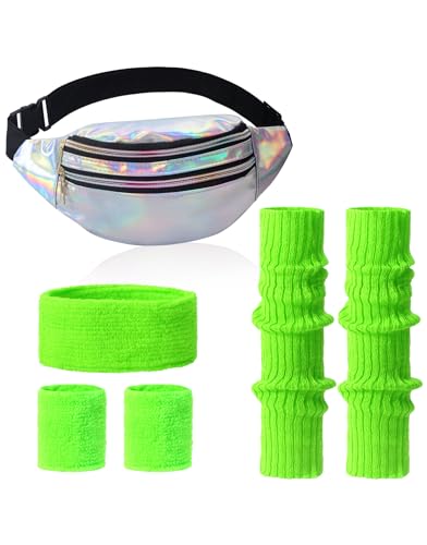 Clundoo 80er Jahre Outfit Damen Set Mit Bauchtasche, Stirnband, Beinwärmer, Handschuhe für 90er Kostüm Party Fasching Karneval (Grün) von Clundoo