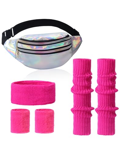 Clundoo 80er Jahre Outfit Damen Set Mit Bauchtasche, Stirnband, Beinwärmer, Handschuhe für 90er Kostüm Party Fasching Karneval (Rosarot) von Clundoo