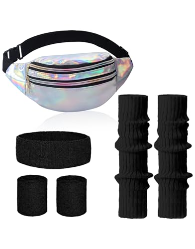 Clundoo 80er Jahre Outfit Damen Set mit Bauchtasche, Stirnband, Beinwärmer, Handschuhe für 90er Kostüm Party Fasching Karneval (Schwarz) von Clundoo
