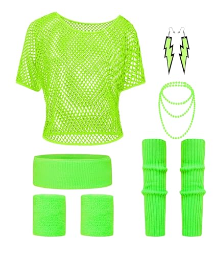Clundoo 90er 80er Jahre Outfit Damen, Netzoberteil Damen Neon Kostüm, 80er Jahre Netzoberteil, 80erJahre Kleidung Damen 80iger Schlagerparty Bad Taste Outfit Frauen Neon Party (Grün) von Clundoo