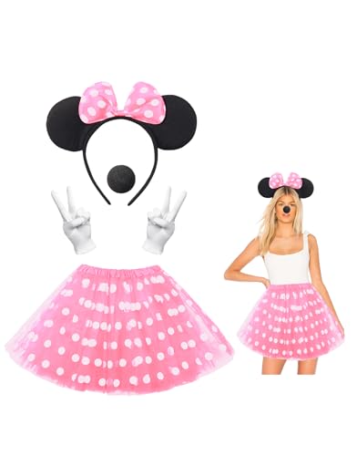Clundoo Damen Maus Mouse Kostüm Tutu mit weiß Gepunktet + Haarreifen mit Maus Ohren + Handschuhe + Nase für Fasching Karneval Motto Cosplay Party, Rosa Clundoo Damen Maus Mouse Kostüm Tutu mit weiß Gepunktet + Haarreifen mit Maus Ohren + Handschuhe + Nase für Fasching Karneval Motto Cosplay Party, Rosa von Clundoo