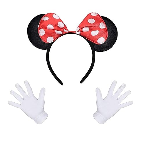 Clundoo Maus Mouse kostüm Haarreif mit Maus Ohren Rote Schleife und Schwarz + weiße Handschuhe, Damen Mädchen Faschingkostüme Karneval Mottoparty Cosplay Party von Clundoo