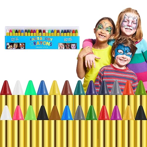 Clundoo Schminkstifte Kit, 24 Farben Gesichtsfarbe Schminkstifte, Sicher und Ungiftig, Abwaschbare Gesichtsfarben für Geburtstagsfeie Kindertag Fasching Weihnachten Halloween von Clundoo