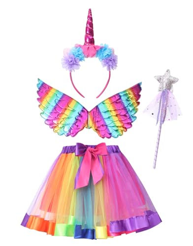 Clundoo Mädchen Einhorn Prinzessin Kleid, Tutu Rock Mädchen mit Einhorn Stirnband Flügel Zauberstab, Einhorn Kostüm Mädchen für Halloween Weihnachten Karneval Geburtstag Party (Farbe) von Clundoo