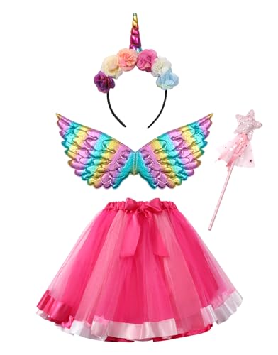 Clundoo Mädchen Einhorn Prinzessin Kleid, Tutu Rock Mädchen mit Einhorn Stirnband Flügel Zauberstab, Einhorn Kostüm Mädchen für Halloween Weihnachten Karneval Geburtstag Party (Rosa) von Clundoo