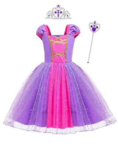 Clundoo Mädchen Prinzessin Kostüm, Lang Kleid mit Krone und Zauberstab, Party Cosplay Verkleidung Festlich Karneval Festkleid Maxikleid Geburtstagsfeier 100cm von Clundoo