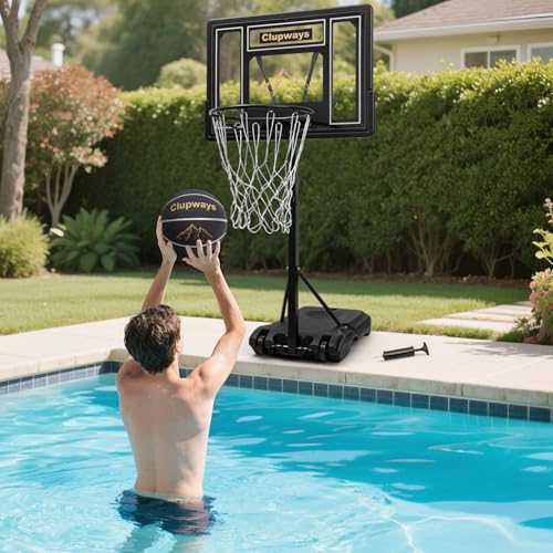 Clupways Pool Basketballkorb Poolside Höhenverstellbar Schwimmbad Basketballkorb Set mit Edelstahlschrauben/Halterungen, tragbares Design mit eingebauten Rädern, inklusive Ball und Luftpumpe Clupways Pool Basketballkorb Poolside Höhenverstellbar Schwimmbad Basketballkorb Set mit Edelstahlschrauben/Halterungen, tragbares Design mit eingebauten Rädern, inklusive Ball und Luftpumpe von Clupways