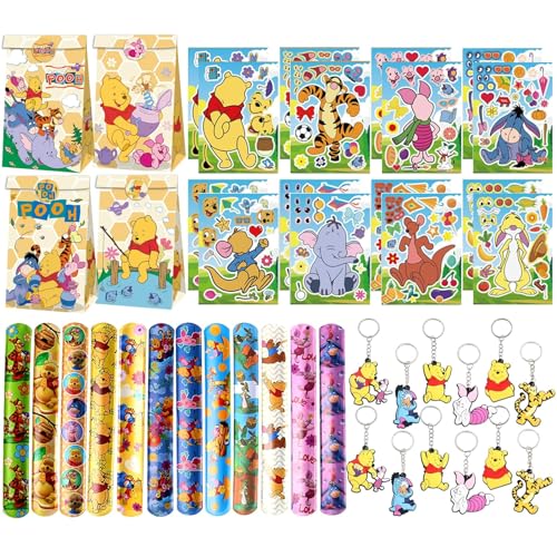 Clvsyh 52Pcs The Pooh Bear Mitgebsel Set, Bear Puuh Geburtstags Party Mitgebsel, Cartoon Schlüsselanhänger, Slap Armbänder, Geschenktüten, Bär Aufkleber, Kindergeburtstag für Party Zubehör von Clvsyh