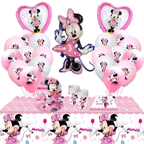 62PCS Minnie Geburtstag Party Set,Minnie Mouse Geburtstag Geschirr Party Deko, Mickey Mouse Papierablage Servietten Tischdecke Luftballon Geburtstagsdeko Für Mädchen von Clvsyh