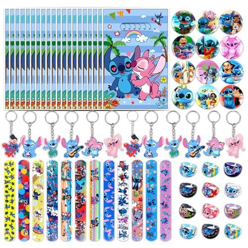 68Pcs St-itch Kindergeburtstag Party Mitgebsel, 20 S-titch Geschenktüten + 12 Slap Armbänder + 12 Schlüsselanhänger +12 Rund Button Pins + 12 Fingerringe, für Kinder Party Gastgeschenk Geburtstags von Clvsyh