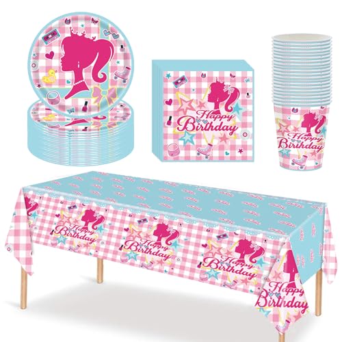 Bar-bie Partygeschirr Geburtstag, 61Pcs Barbiprinzessin Kindergeburtstag Tischdeko Party Geschirr Set, Pappteller Serviette Becher Tischdecke Banner, Geburtstag Party Supplies, für Mädchen Party Deko von Clvsyh