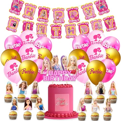 Barbi-Prinzessin Geburtstag Deko Set, 44PCS Cartoon Thema Party Balloons Cake Dekoration, Banner Balloon Torte Flagge Für Rosa Geburtstag Deko von Clvsyh