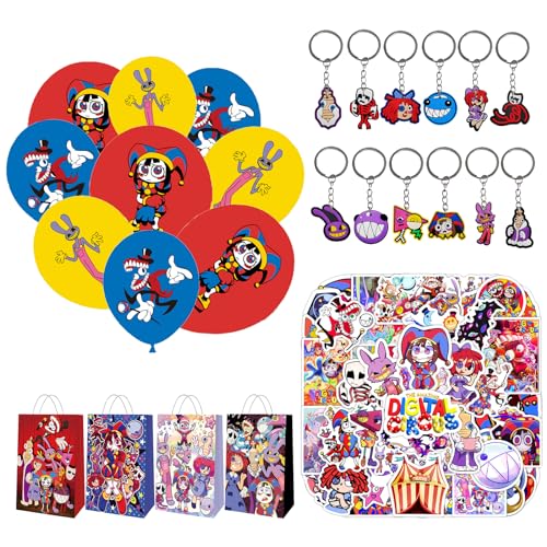 92 Stück Digitaler Zirkus Partygeschenke, Zirkus Geschenktüten, Clown Schlüsselanhänger, Cartoon Aufkleber, Zirkus Luftballons, Digitaler Zirkus Party Mitgebsel Set für Jungen und Mädchen von Clvsyh