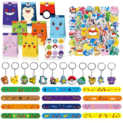 Clvsyh Cartoon Thema Party Mitgebsel, Kindergeburtstag Mitgebsel set, Mit 12 Geschenktüten,12 Schnapparmbänder,12 Schlüsselanhänger, 50 Tattoo-Aufkleber, für Kindergeburtstag Gastgeschenke Kinder von Clvsyh