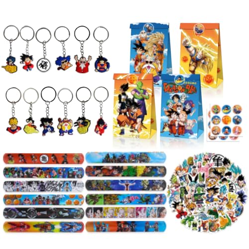 Clvsyh Dragon Ball Party Zubehör Set, 86 Pcs Goku Kindergeburtstag Party Mitgebsel, Mit Slap Armbänder Goku Party Geschenktüten Schlüsselanhänger Goku Aufkleber Für Jungen Geburtstagsgeschenk von Clvsyh