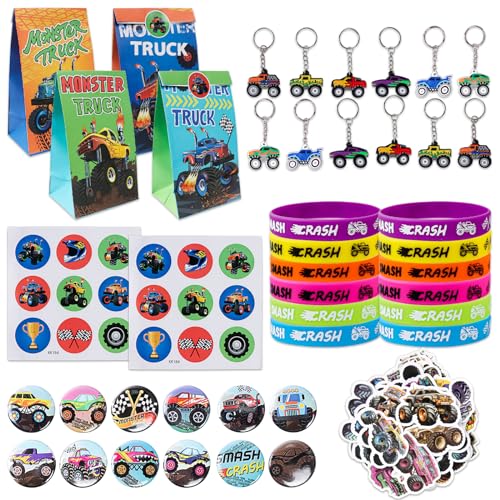 Clvsyh Monster Truck PartyGeschenke, 12 Silikon Armbänder + 12 Pin Badges + 12 Geschenktüten für Kinder + 12 Kinder Truck Schlüsselanhänger + 50 Monster Truck Stickers, Kinder Truck Party Mitgebsel von Clvsyh