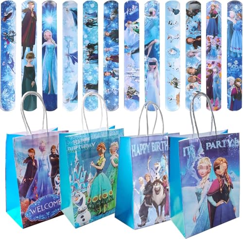 Clvsyh Prinzessin Party Mitgebsel, Cartoon Mitgebsel Kindergeburtstag Set, 12Pcs Slap Armband + 12Pcs Gastgeschenke Tüten, Schnapparmband Kinder Prinzessin Geschenkset für Geburtstags von Clvsyh