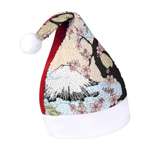 Cmagnifico Pailletten-Weihnachtsmütze für Erwachsene, Fuji-Berg-Kirschbaum in Japan, Hut für verschiedene Feiertagspartys von Cmagnifico