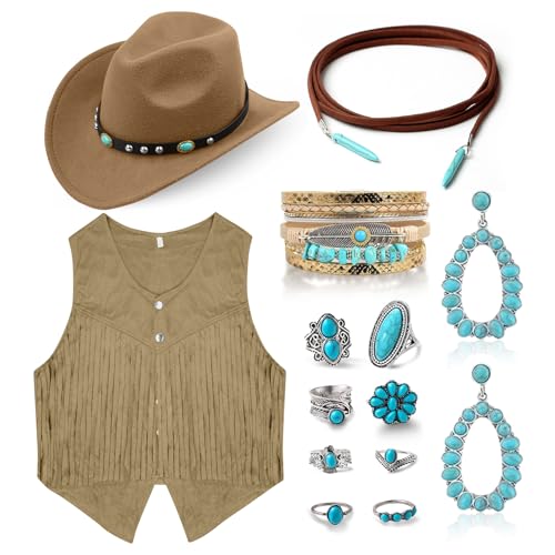 Cowgirl-Kostüm für Damen, Western-Outfits für Damen, Cowgirl mit Cowboyhut, Schmuck-Set für Halloween, Cosplay (Kamelfarbe, XL) von Cnbnd