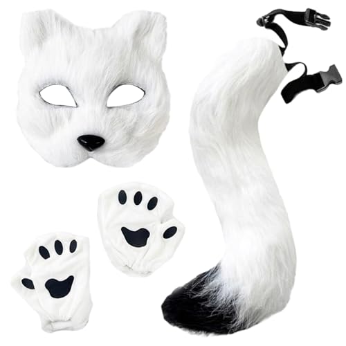 Cndiyald 3pcs Therian Maske und Tail Set Pelry Fox -Kostüm umfassen flauschige Maske, Pfotenhandschuhe ＆ Tail Therian Stuff Halloween Kostüme für Kostüme von Kleidungsstücken, Fox von Cndiyald