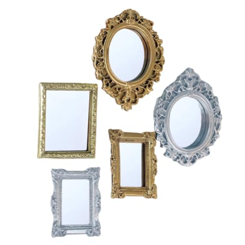 Cndiyald 5pcs Miniature Dollhouse Spiegel Europäischer Rahmen Mini Spiegel viktorianische Barockwandzubehör für 1/12 Puppenhausdekor, Gold und Silber, Mini Möbel von Cndiyald
