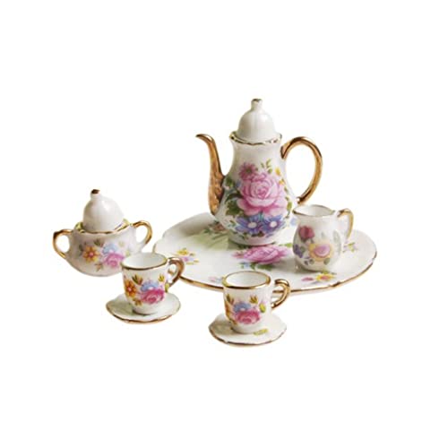 Cndiyald 8pcs 1:12 Miniatur Keramik Tee Tasse Set Porzellan Tee Set Blütendruck mit Goldener Trimmpuppenhaus Küche Accessoires Mini Tee Set von Cndiyald