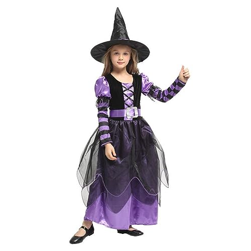 Cndiyald Hexenkostüm für Mädchen Hexenkostüm mit Hut Kinder Hexe Halloween Kostüm Hexenkleider Mädchen, XL von Cndiyald