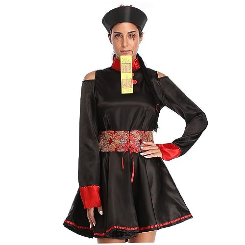Halloween -Kostüme für Frauen chinesisches Zombie -Kostüm Vintage Stickerei Klassische klassische rote und schwarze Dynastie Zombie Kleid mit Hut und Gürtel für Halloween Cosplay Party, XL, Kostüm von Cndiyald
