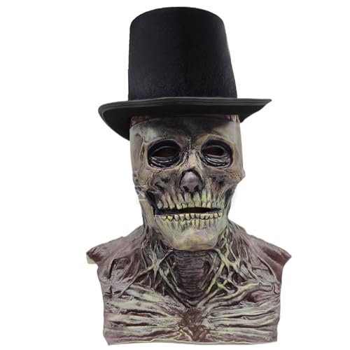 Halloween -Schädelmaske mit Hut Latex Full Head beängstigende Maske mit bewegender Kiefer realistischer 3D -Skelettmaske für Halloween -Cosplay -Party -Kostüm -Requisiten Masken von Cndiyald