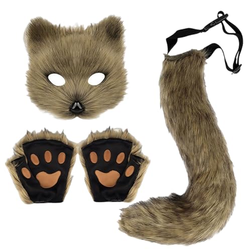 Pelzkostüm, 3pcs/Set Therian Maske, Pelry Tail mit elastischen Riemen und Pfotenhandschuhen für Fox Cat Wolf Cosplay, Girls Women, Maske Pelzkostüm, 3pcs/Set Therian Maske, Pelry Tail mit elastischen Riemen und Pfotenhandschuhen für Fox Cat Wolf Cosplay, Girls Women, Maske von Cndiyald