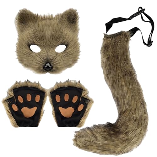 Pelzkostüm, 3pcs/Set Therian Maske, Pelry Tail mit elastischen Riemen und Pfotenhandschuhen für Fox Cat Wolf Cosplay, Girls Women, Maske von Cndiyald