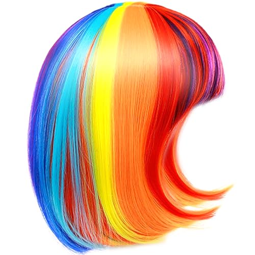 Cndiyald Regenbogenperücke, 12 Zoll Kurze farbenfrohe Perücke mit Pony, atmungsaktive synthetische Perücken für Frauen, verstellbar, um lustige Perücken für Party zu tragen, farbig von Cndiyald
