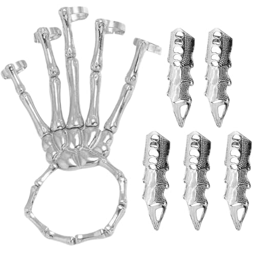 Skeletthandarmband, 5pcs Vollfinger -Ringe, Geisterhandkette für Cosplay, Schädelfinger Armband Silber von Cndiyald