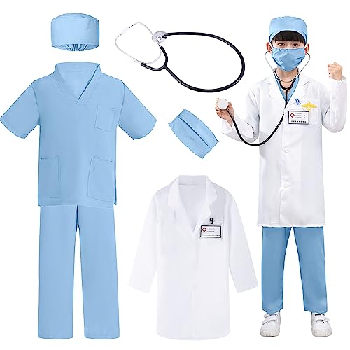 Cnexmin Chirurgisches Kinderkostüm Doktor Kinder für Jungen Mädchen mit Stethoskop, weiße Bluse, Doktor, Rollenspiel, Karneval, Halloween, 5-6 Jahre, Blau/120 Cnexmin Chirurgisches Kinderkostüm Doktor Kinder für Jungen Mädchen mit Stethoskop, weiße Bluse, Doktor, Rollenspiel, Karneval, Halloween, 5-6 Jahre, Blau/120 von Cnexmin