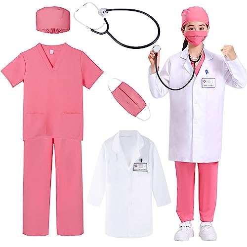 Cnexmin Kostüm Doktor Kinder Mädchen Kostüm Arzt Mädchen mit Stethoskop Weiße Bluse Doktor Rollenspiel Karneval Halloween 9 Jahre Rosa/140 von Cnexmin