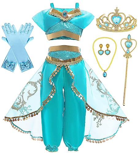 Cnexmin Kostüm Prinzessin Jasmin Mädchen Kleid Aladdin Prinzessin Jasmin für Kinder Mädchen Kostüm Geburtstag Weihnachten Halloween Party Karneval Cosplay Abendkleid für Schmuck 6-7 Jahre/140 von Cnexmin