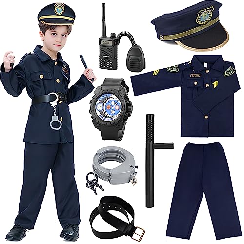 Cnexmin Polizei-Kostüm für Kinder, Polizeikostüm mit Zubehör, Hemd, Hose, Hut, Gürtel, Pistoletten und Pistolenetui, Walkie-Talkie-Set für Karneval, Halloween, Blau, L Cnexmin Polizei-Kostüm für Kinder, Polizeikostüm mit Zubehör, Hemd, Hose, Hut, Gürtel, Pistoletten und Pistolenetui, Walkie-Talkie-Set für Karneval, Halloween, Blau, L von Cnexmin