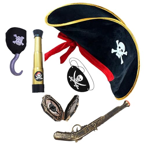 Cnrfeoap Piraten-Outfit mit Handheld- und Augenbinde, Totenkopf-Druck, Hut, Ornament für Kinder, Halloween-Partyzubehör Cnrfeoap Piraten-Outfit mit Handheld- und Augenbinde, Totenkopf-Druck, Hut, Ornament für Kinder, Halloween-Partyzubehör von Cnrfeoap