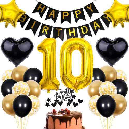 Cnrose 10. Geburtstag Dekoration - Schwarz Gold Party Deko für Junge und Mädchen - Tortendeko für 10 Jahre von Cnrose