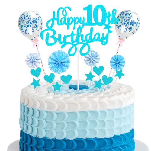 Cnrose Tortendeko Hello 10 Cake Topper Blau Mit Herz Stern Ballon Kuchendeko 10. Geburtstag Junge Mädchen Happy 10th Birthday von Cnrose