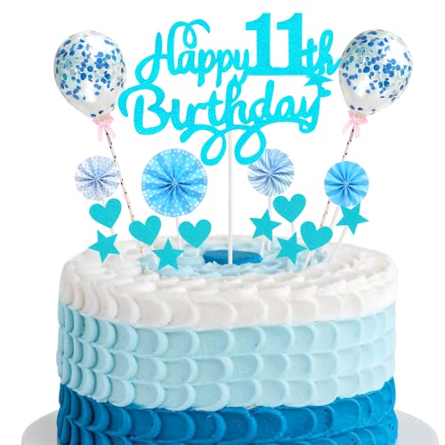 Cnrose Tortendeko junge 11. Geburtstag Hello 11 Cake Topper Blau mit Herz Stern Ballon Kuchendeko 11. Geburtstag junge Happy 11th Birthday Tortendeko 11 jahre junge mädchen 11 Geburtstag junge mädchen von Cnrose