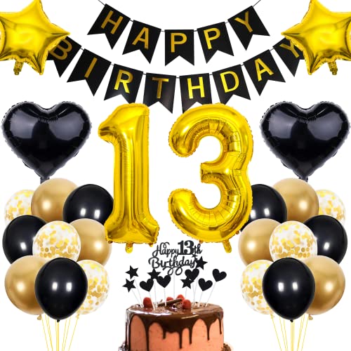 Cnrose 13. Geburtstag Dekoration - Schwarz Gold Party Deko für Junge und Mädchen - Tortendeko für 13 Jahre von Cnrose