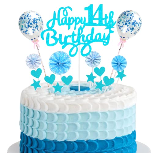 Cnrose Tortendeko junge 14. Geburtstag Hello 14 Cake Topper Blau mit Herz Stern Ballon Kuchendeko 14. Geburtstag junge Happy 14th Birthday Tortendeko 14 jahre junge mädchen 14 Geburtstag junge mädchen von Cnrose