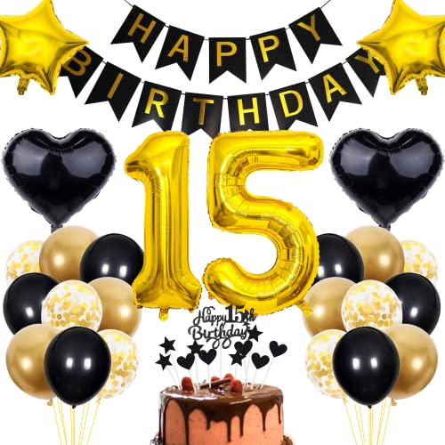 Cnrose 15. Geburtstag Dekoration,Schwarz Tortendeko Geburtstag 15 Jahre Junge,Party Deko Gold Schwarz,15 Geburtstag Junge Mädchen,Tortendeko 15. Geburtstag Mädchen,Geburtstagsdeko 15 Jahre Junge von Cnrose