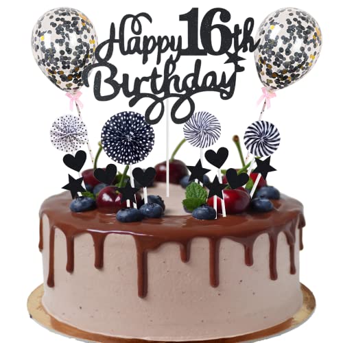 Happy 16th Birthday Tortendeko für Junge und Mädchen - Schwarz Mit Herz Stern Ballon Glitter Cake Topper für 16. Geburtstag von Cnrose